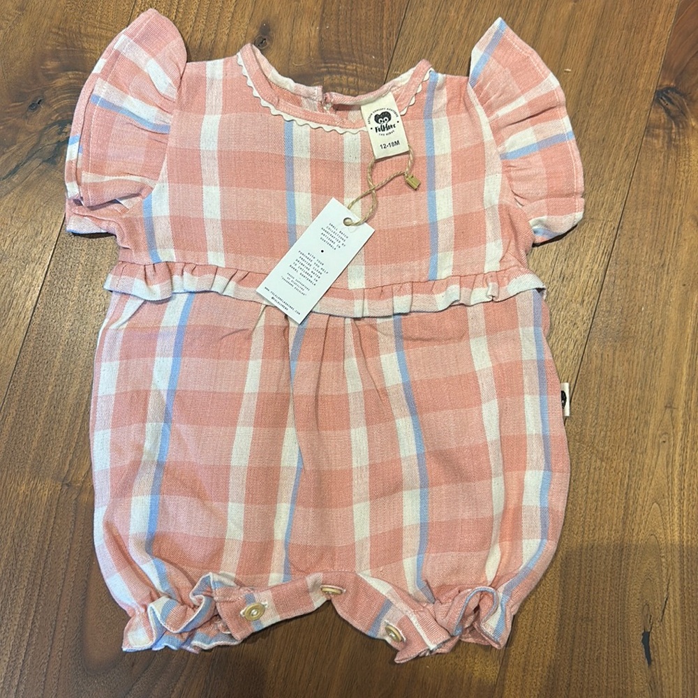 Folklore Baby Girls Sleeveless Bubble Romper / Pink Blue Gingham 12-18 months